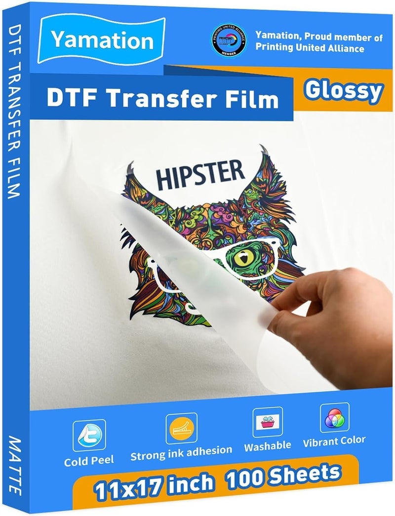 Yamation DTF Transfer Film Glossy: 11" x 17"inch 100 Sheets PET Paper Glossy Clear Cold Peel Direct to Film Transfer Film for Tshirt - Image 1